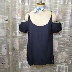 Michael Kors Navy Cold Shoulder Gold Tone Metal Blouse Size XL